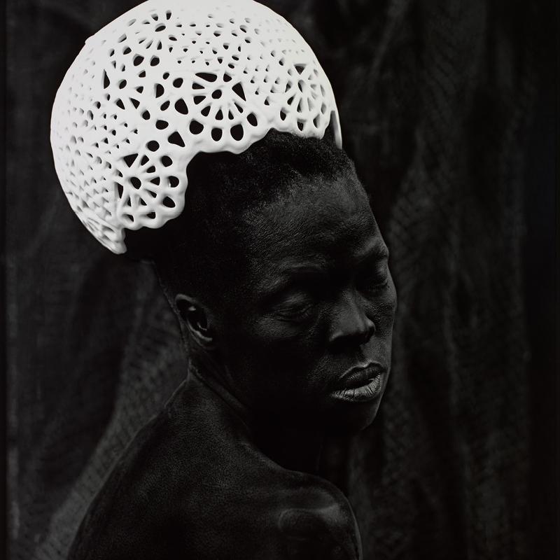 A portrait photograph of a figure with a lattice structure perched on top of head